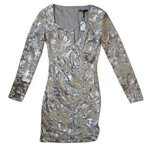 Maje Raneli Sequined Velvet Long Sleeve Mini Dress Argent Small